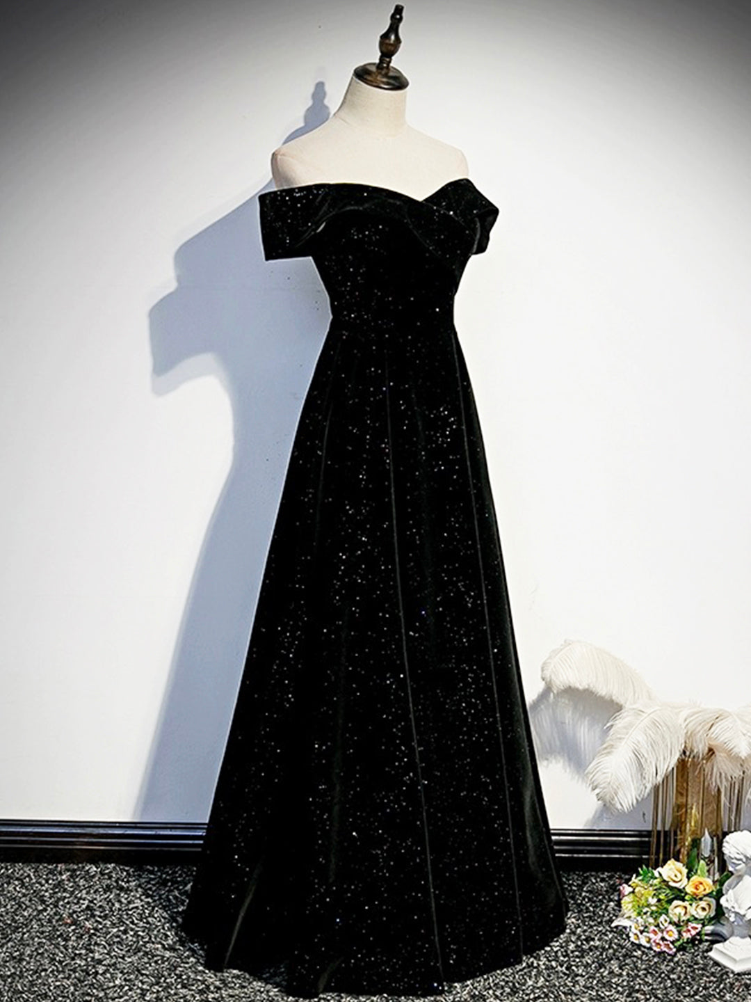 Black Velvet Long Prom Dress, Black Off the Shoulder Evening Party Dre
