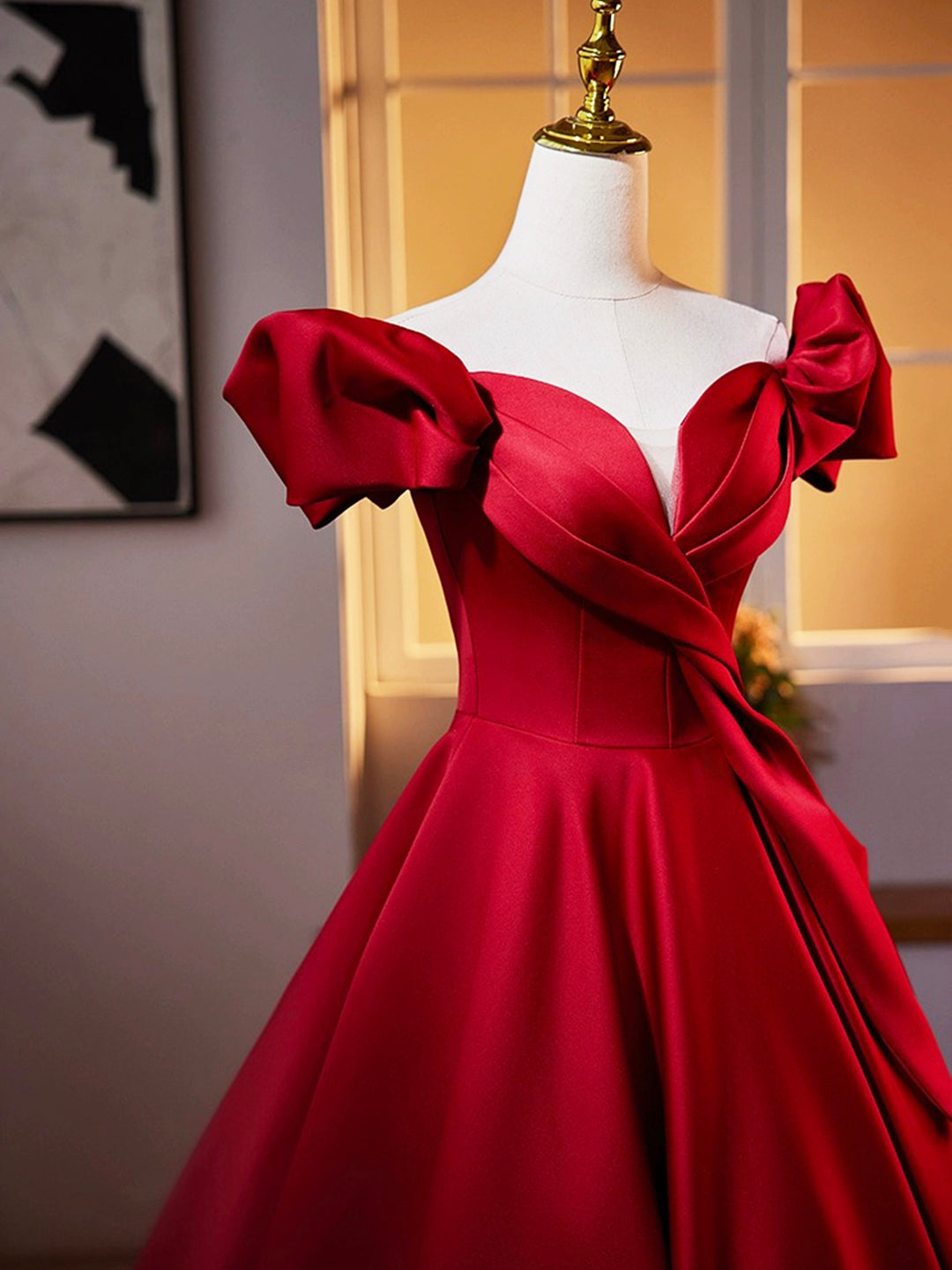 Dark Red Satin Long Prom Dress, Off The Shoulder A-Line Formal Evening Dress Custom Size / Custom Color Dark Red Satin Long Prom Dress, Off The Shoulder A-Line Formal Evening Dress Custom Size / Custom Color