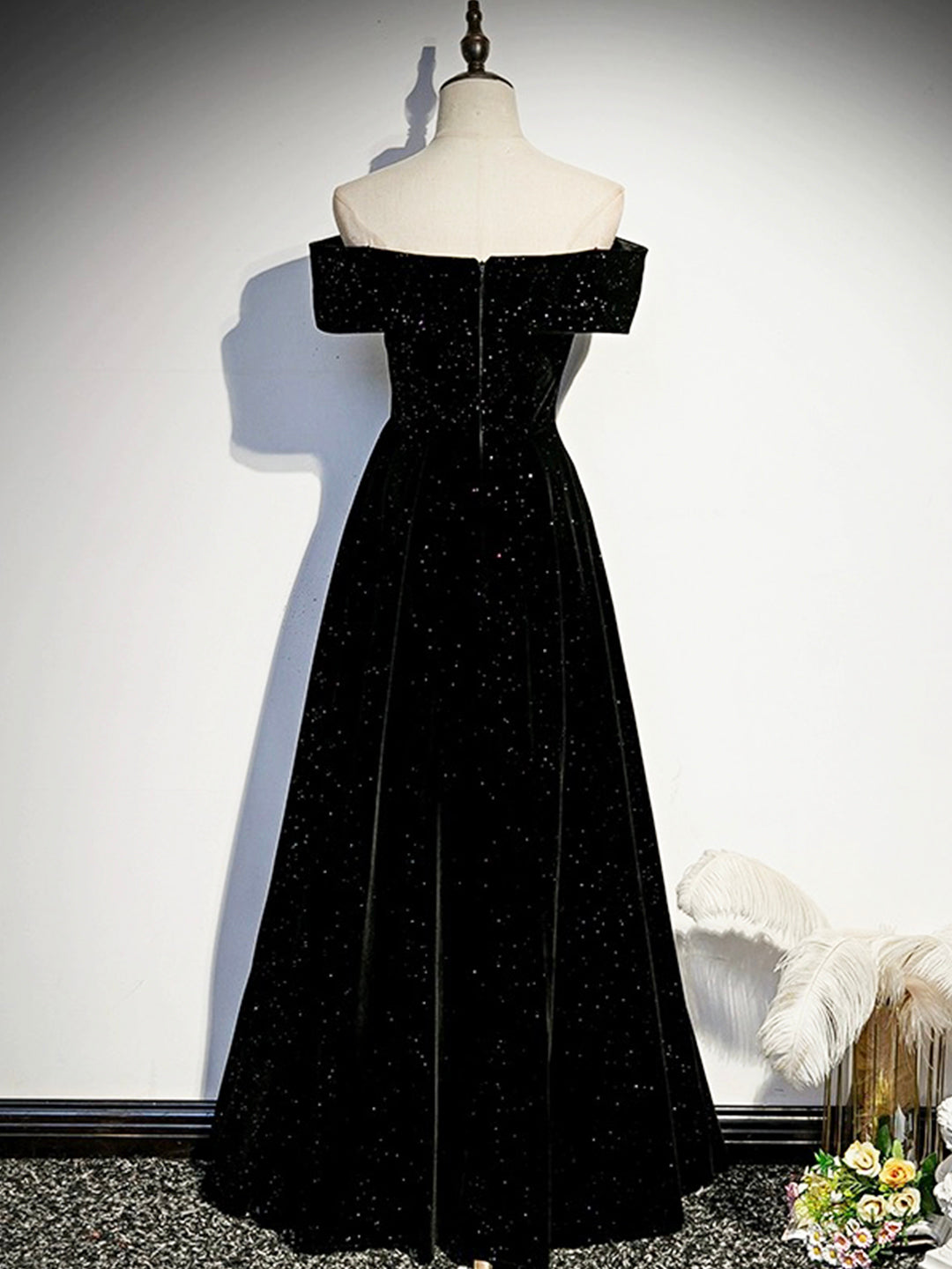 Black Velvet Long Prom Dress, Black Off the Shoulder Evening Party Dre