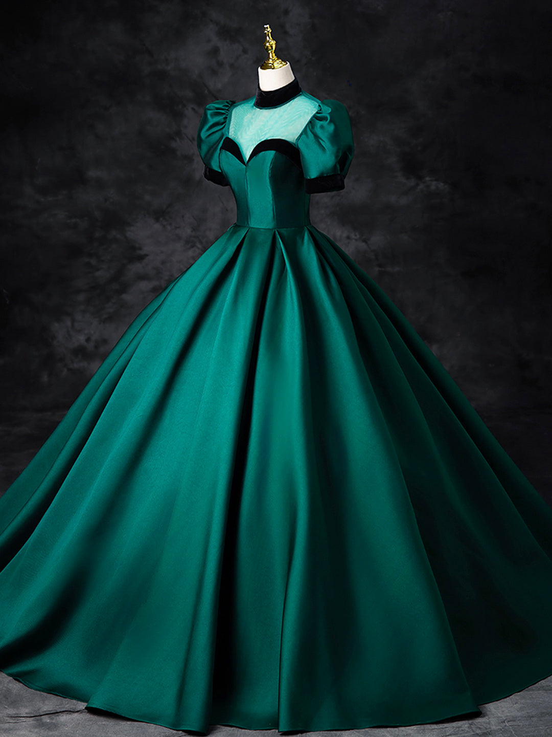 Green Satin Floor Length See-Through Ball Gown, Elegant High Neck Formal Evening Dress US 14 / Green Green Satin Floor Length See-Through Ball Gown, Elegant High Neck Formal Evening Dress US 14 / Green