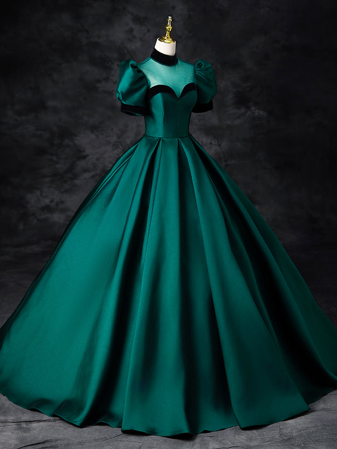 Green Satin Floor Length See-Through Ball Gown, Elegant High Neck Form Loveydress Green Satin Floor Length See-Through Ball Gown, Elegant High Neck Form Loveydress