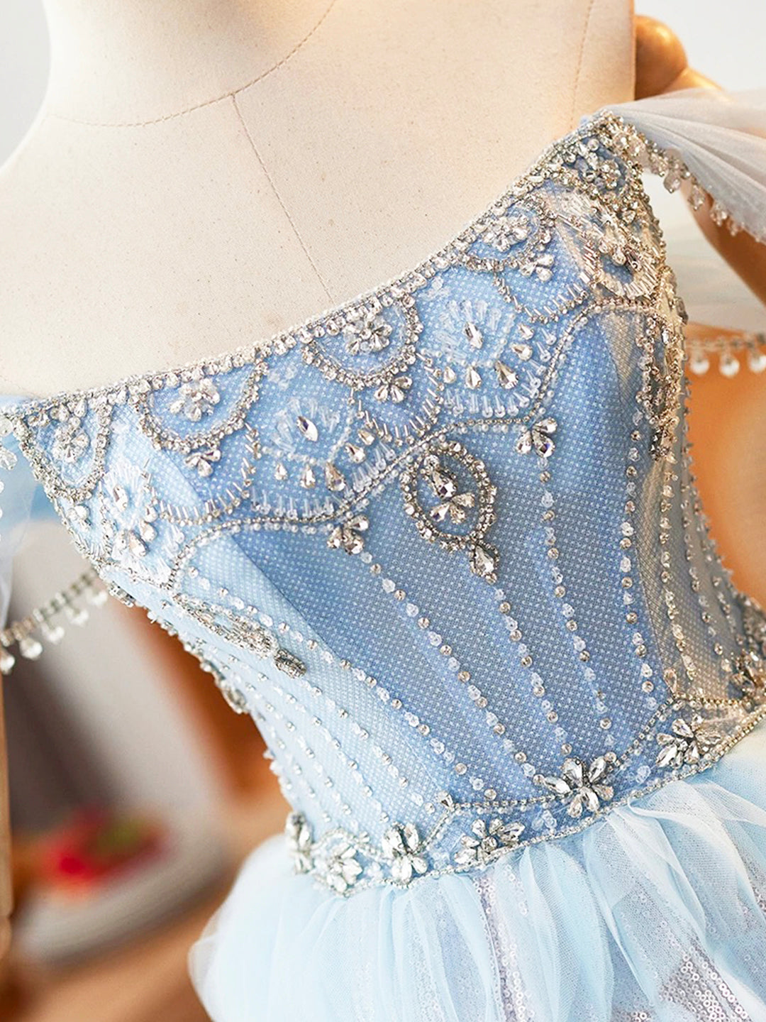 Blue Beading Rhinestone Ruffles Prom Dress, Blue Off the Shoulder Even