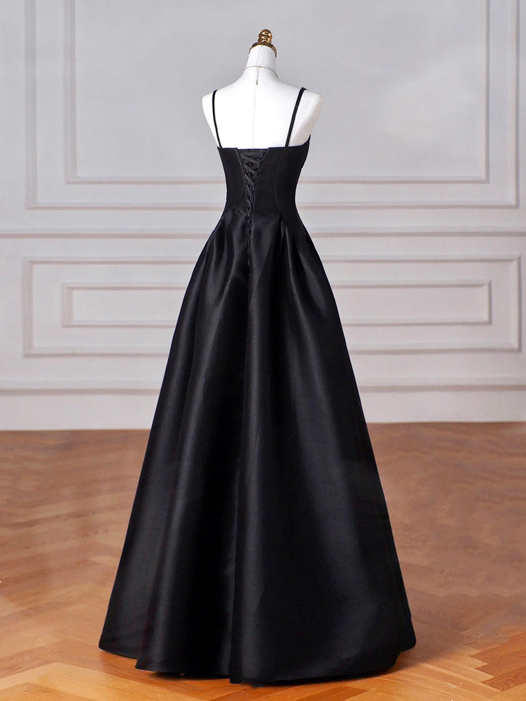 Black Spaghetti Strap Satin Long Prom Dress, Black A-Line Evening Dres