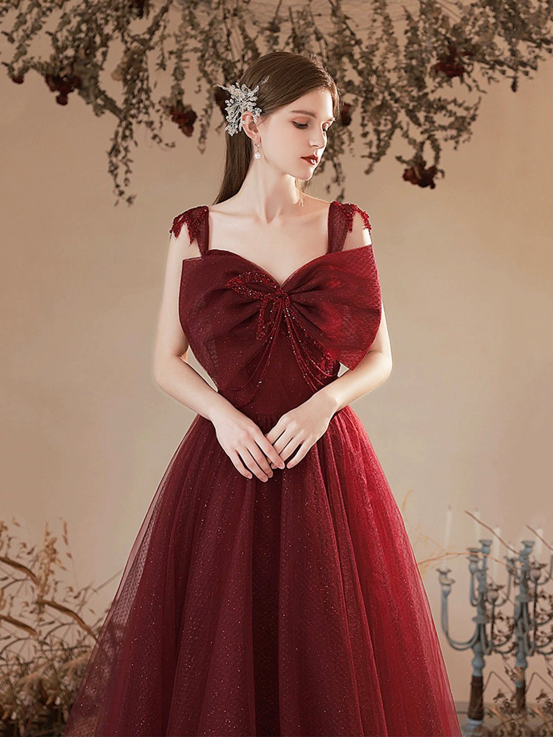 Burgundy Tulle Long Prom Dress, Lovely A-Line Evening Party Dress with Bow US 2 / Burgundy