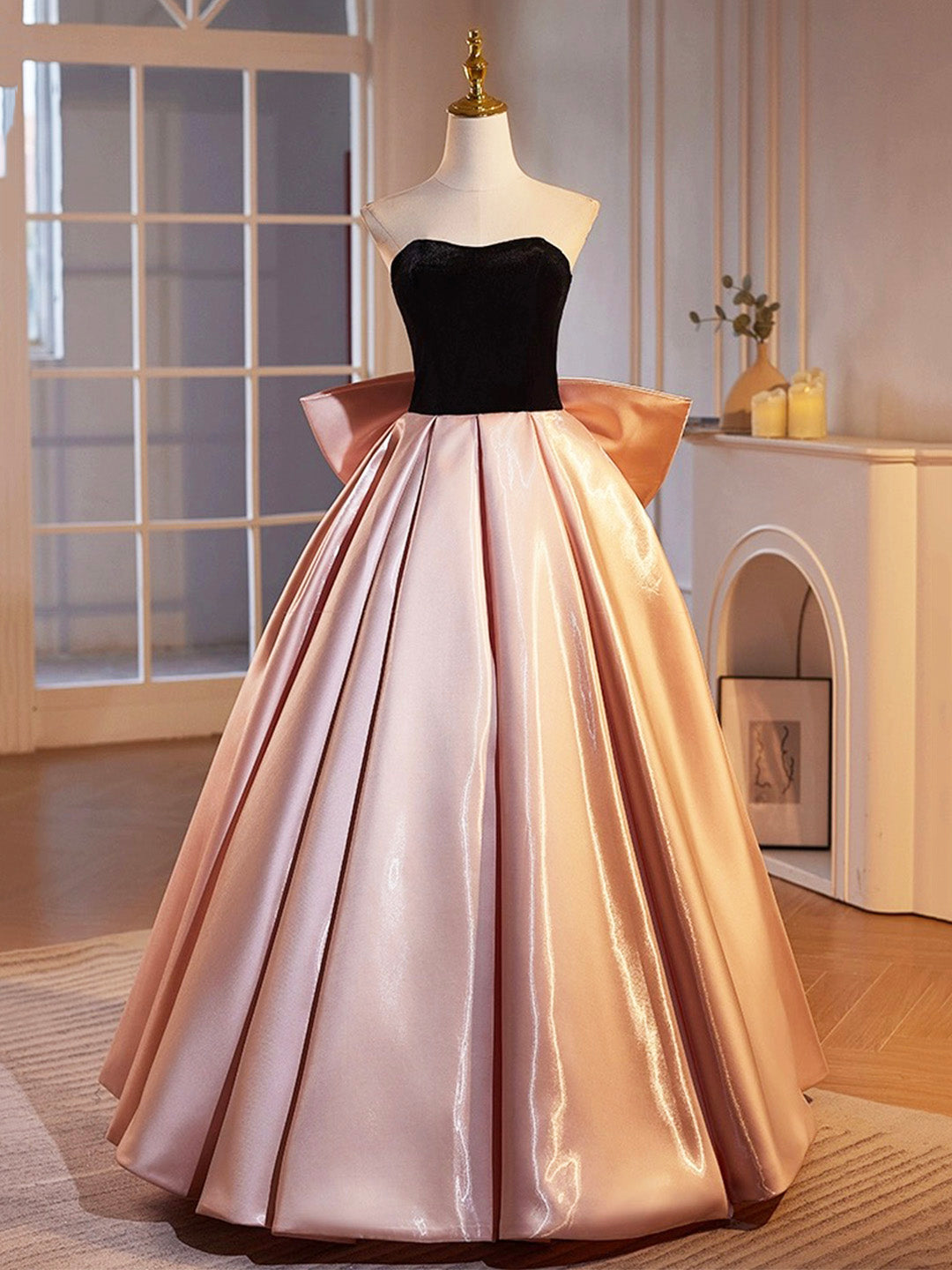 Black Velvet and Pink Satin Floor Length Prom Dress, Beautiful A