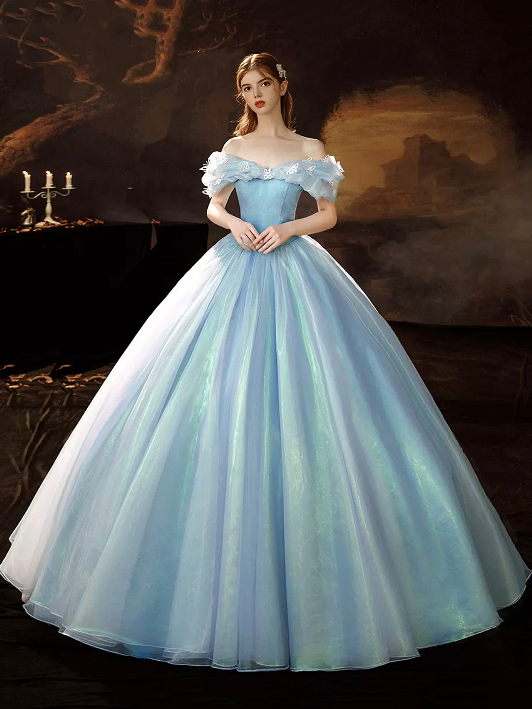 A-Line Blue Princess Dress, Off the Shoulder Organza Butterfly Formal