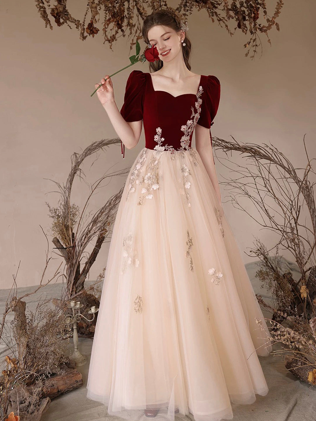 Burgundy Velvet and Tulle Long Prom Dress, Elegant A-Line Short Sleeve Evening Dress US 12 / Burgundy Burgundy Velvet and Tulle Long Prom Dress, Elegant A-Line Short Sleeve Evening Dress US 12 / Burgundy