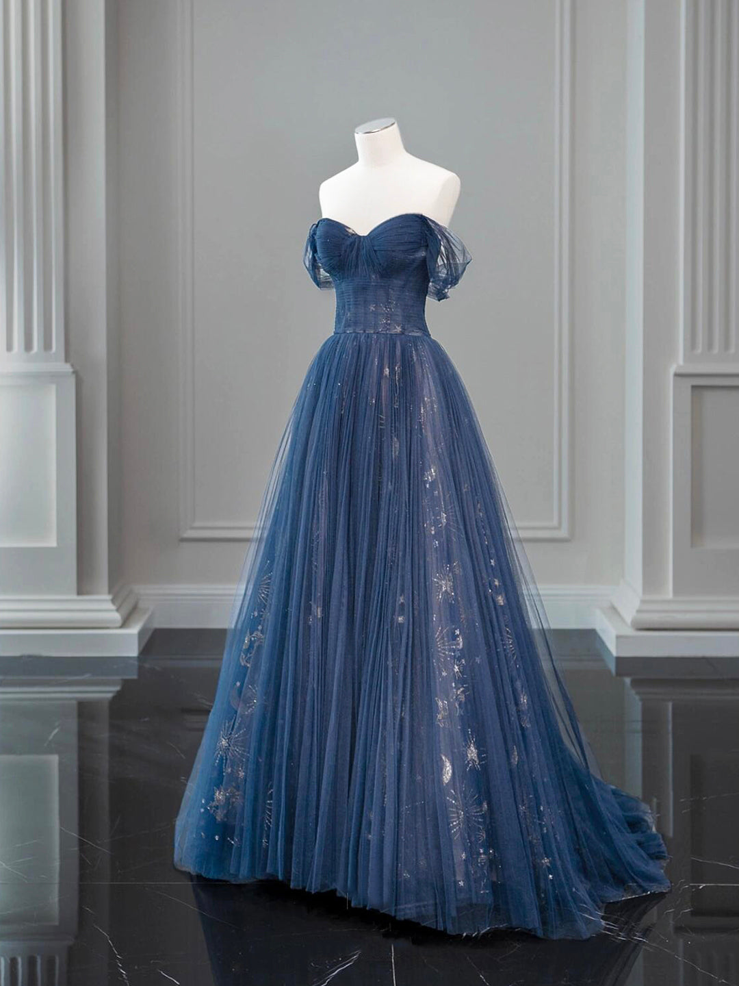 Nave Tulle Floor Length Prom Dress, Beautiful Off the Shoulder Backles Loveydress Nave Tulle Floor Length Prom Dress, Beautiful Off the Shoulder Backles Loveydress