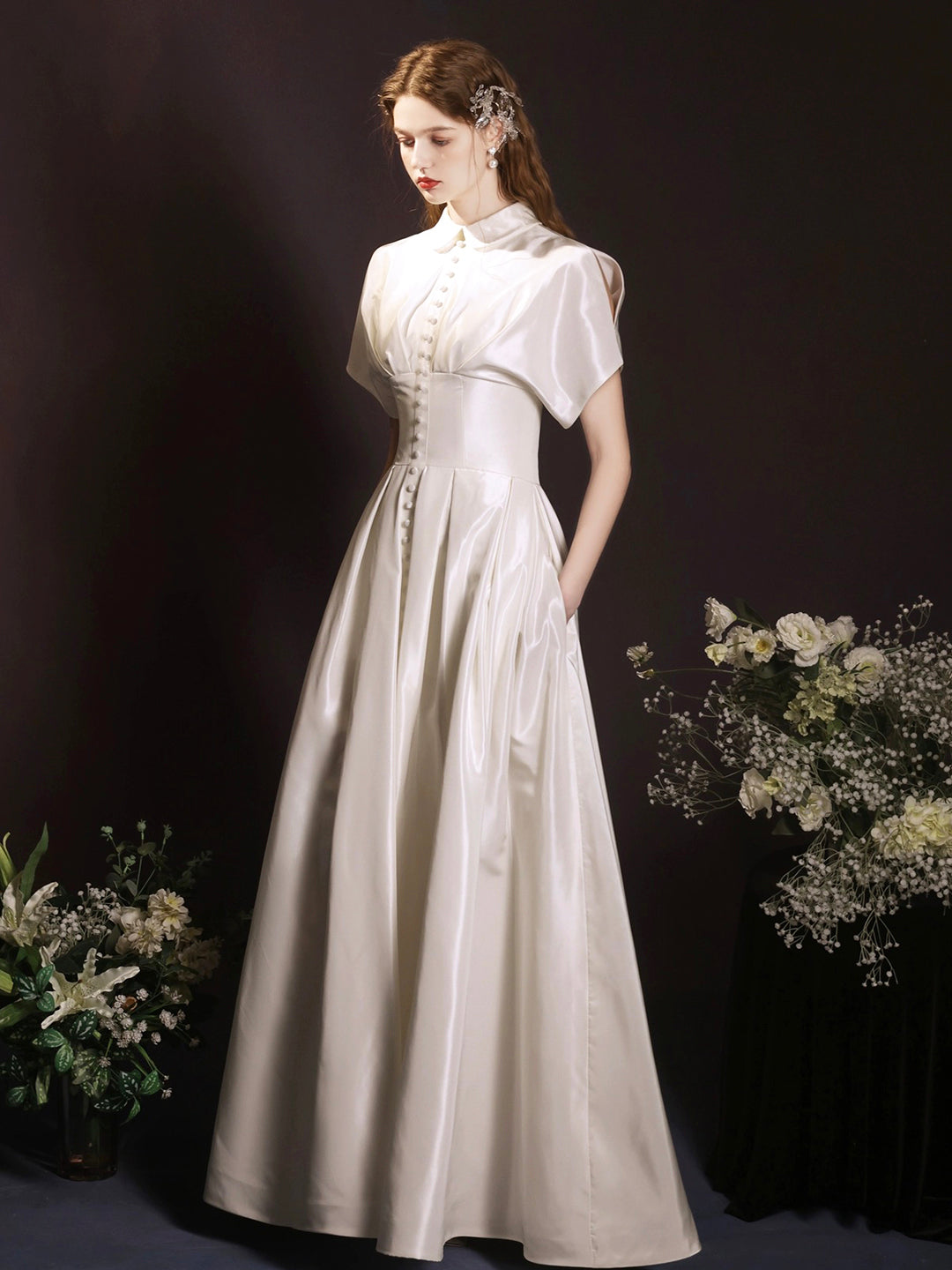 White Satin Long Prom Dress, Beautiful Short Sleeve Graduation Party D