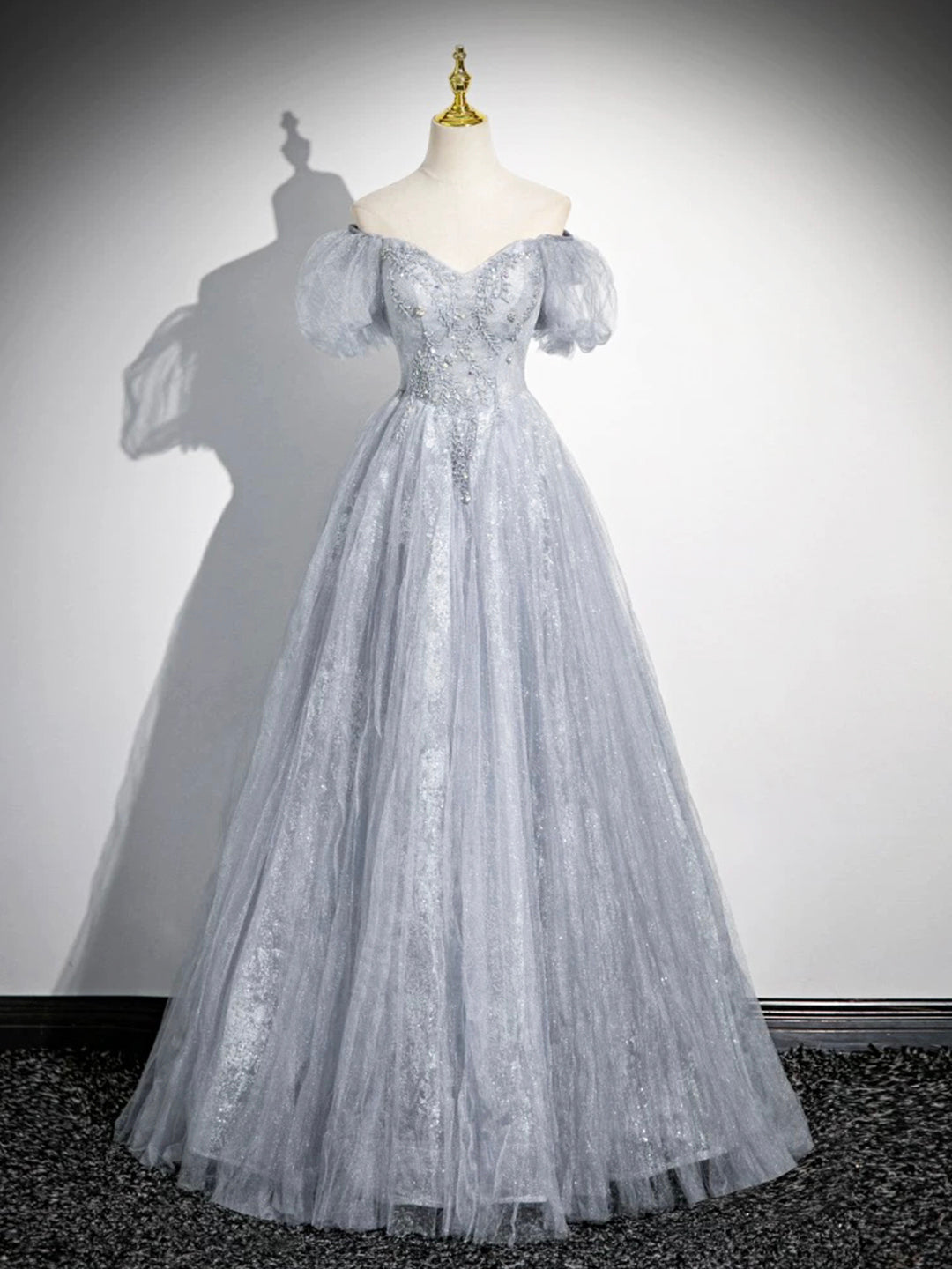 Gray Tulle Beaded Floor Length Prom Dress, A-Line Short Sleeve Evening Party Dress US 2 / Gray Gray Tulle Beaded Floor Length Prom Dress, A-Line Short Sleeve Evening Party Dress US 2 / Gray