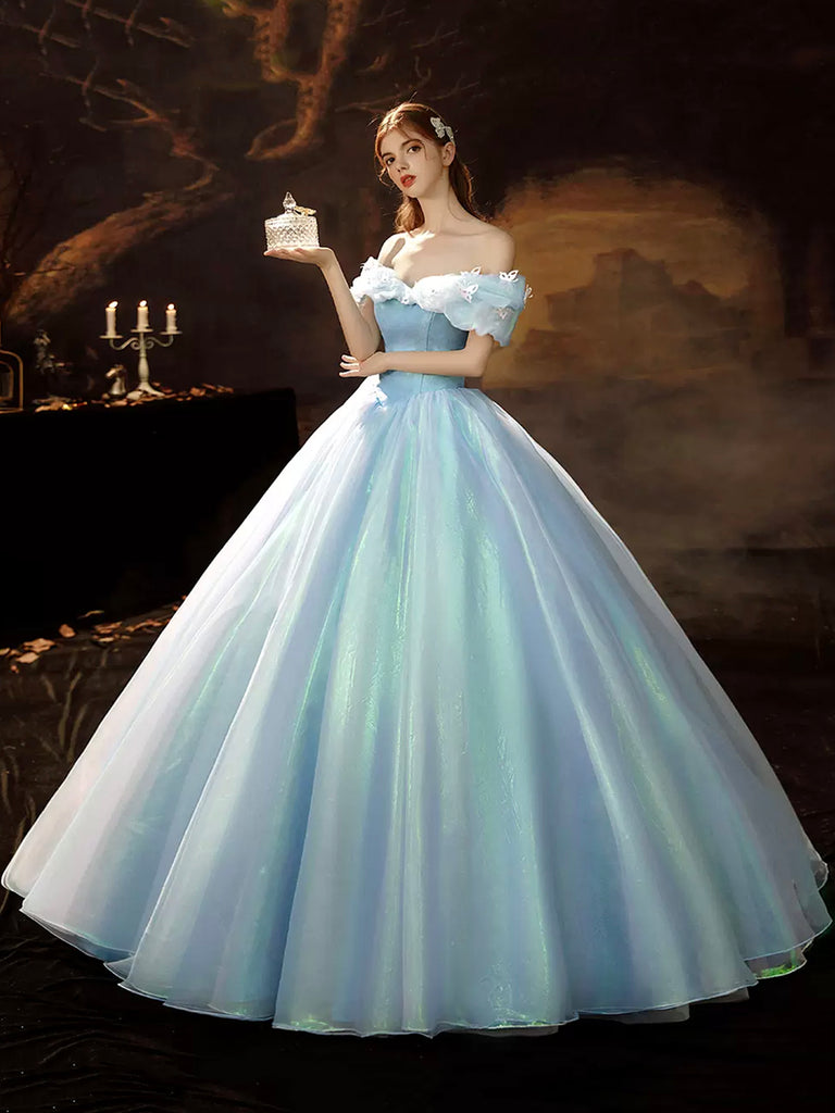 A-Line Blue Princess Dress, Off the Shoulder Organza Butterfly Formal