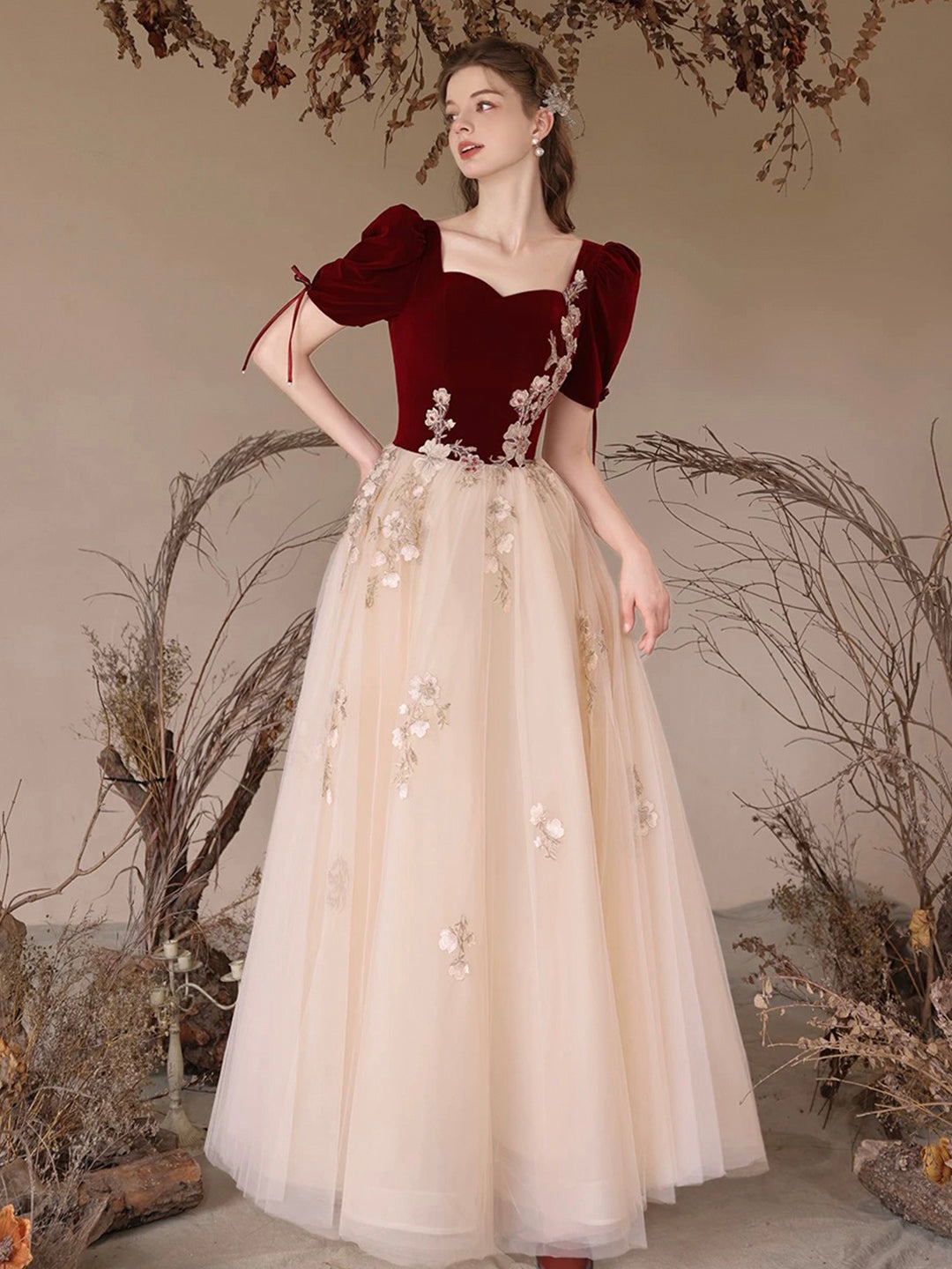 Burgundy Velvet and Tulle Long Prom Dress, Elegant A-Line Short Sleeve Evening Dress US 12 / Burgundy Burgundy Velvet and Tulle Long Prom Dress, Elegant A-Line Short Sleeve Evening Dress US 12 / Burgundy