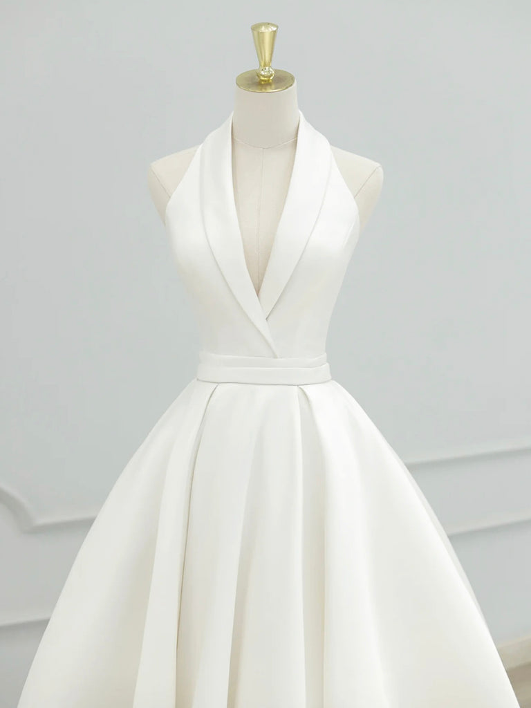 White V-Neck Satin Long Prom Dress, Elegant A-Line Formal Party Dress