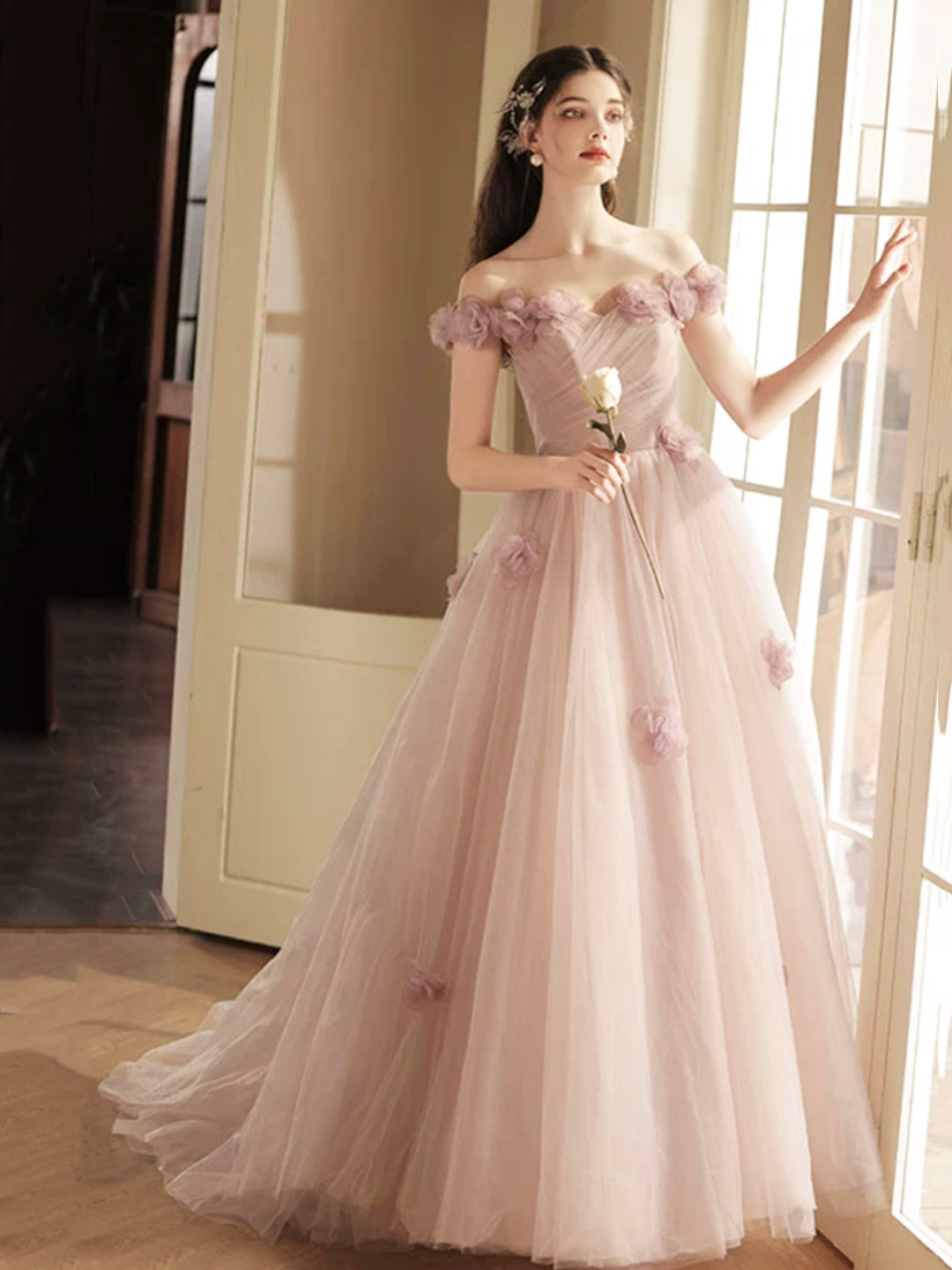 Beautiful Tulle Long Prom Dress with Flowers, A-Line Off the Shoulder