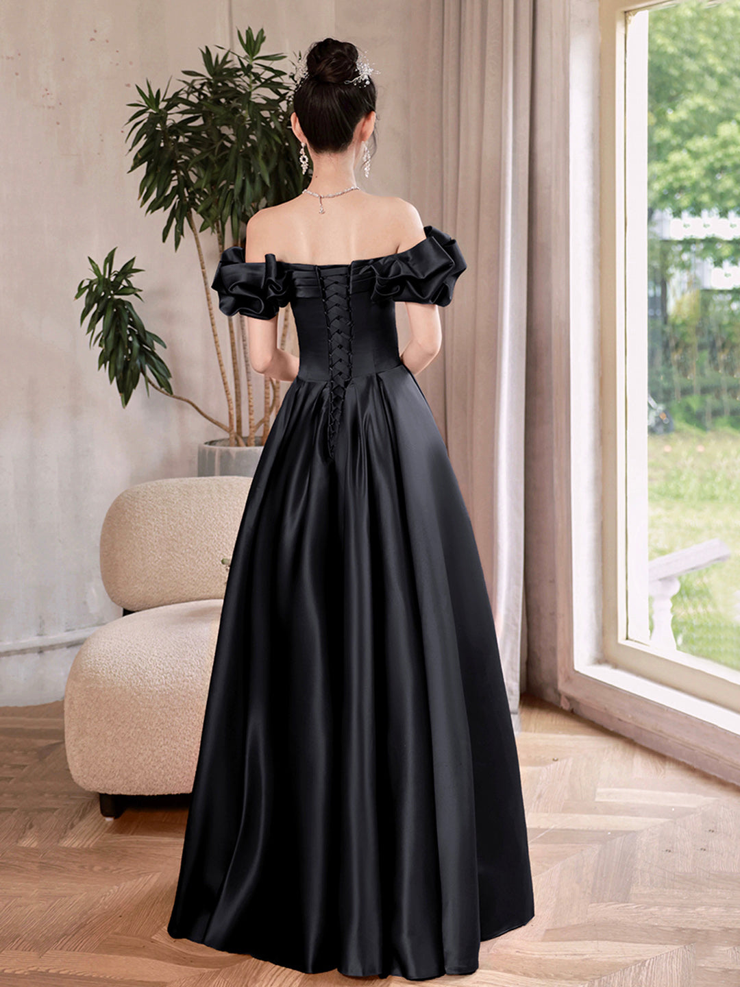 Black Satin Long A-Line Prom Dress, Black Off the Shoulder Formal Even