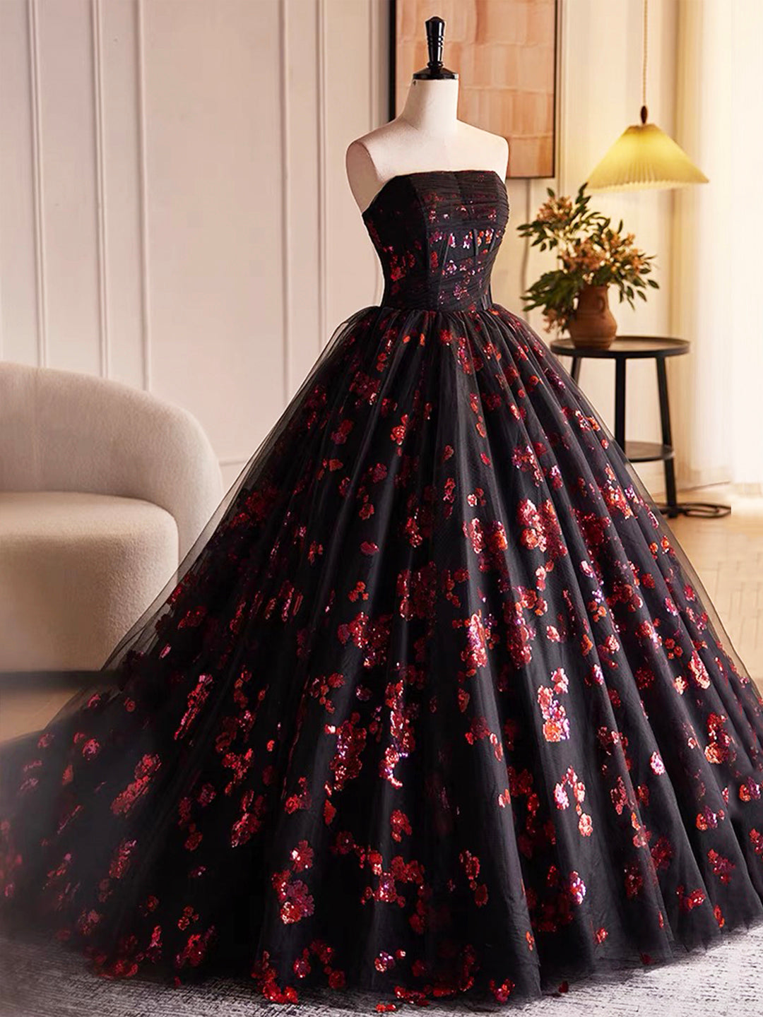black and red floral prom dress Tulle Sequins Long Pom Dress, Beautiful A-Line Strapless – Loveydress JLCNCUE Womens Off The 21st up corset back Size:4T Dress