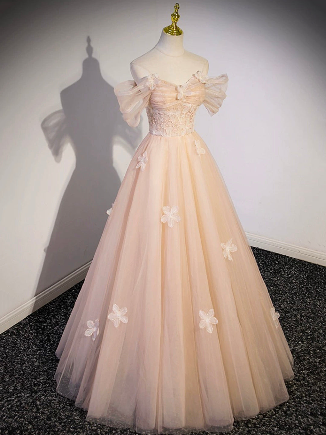 Light Pink Tulle Floor Length Prom Dress, Beautiful Off the Shoulder E