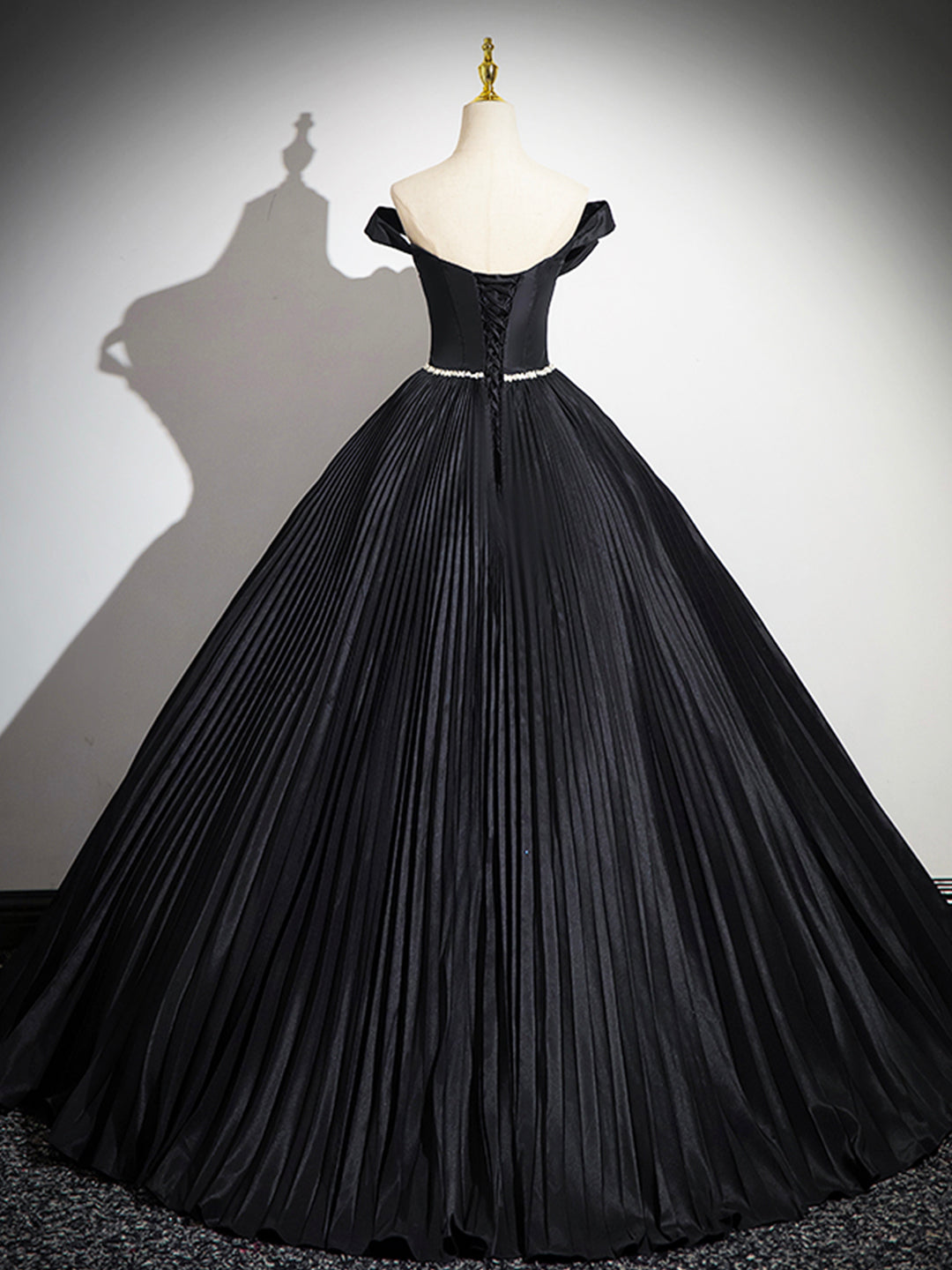 Black Pleated Long A-line Party Gown with Rhinestone Sash, Elegant Off