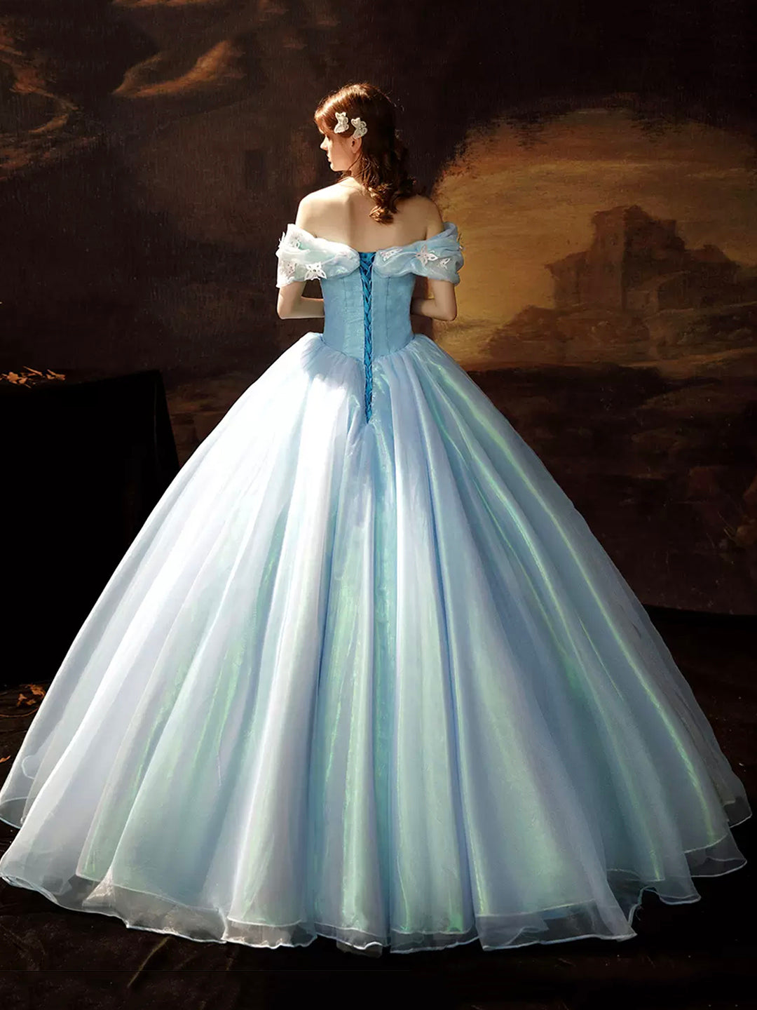 A-Line Blue Princess Dress, Off the Shoulder Organza Butterfly Formal