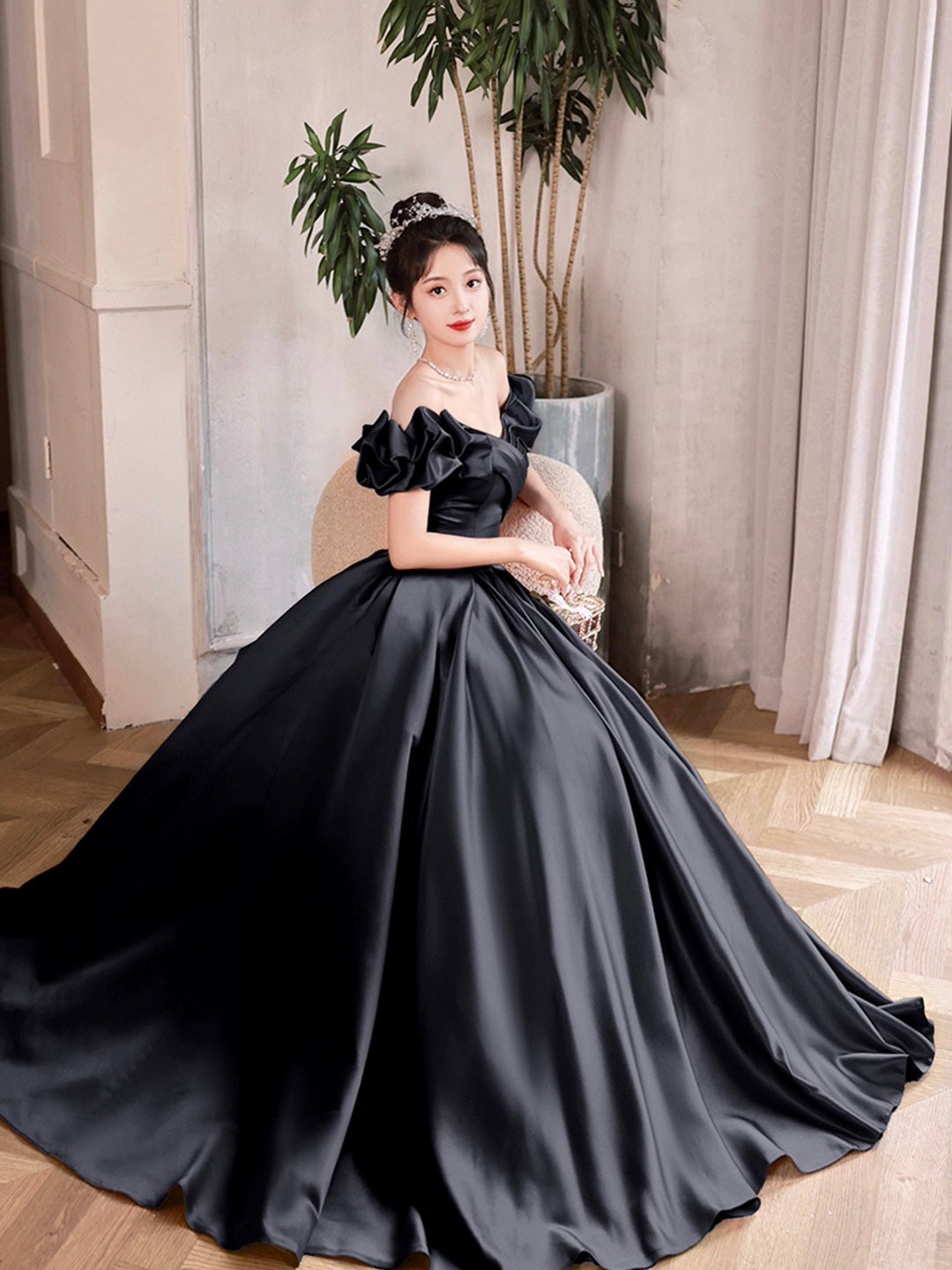 Black Satin Long A-Line Prom Dress, Black Off the Shoulder Formal Even