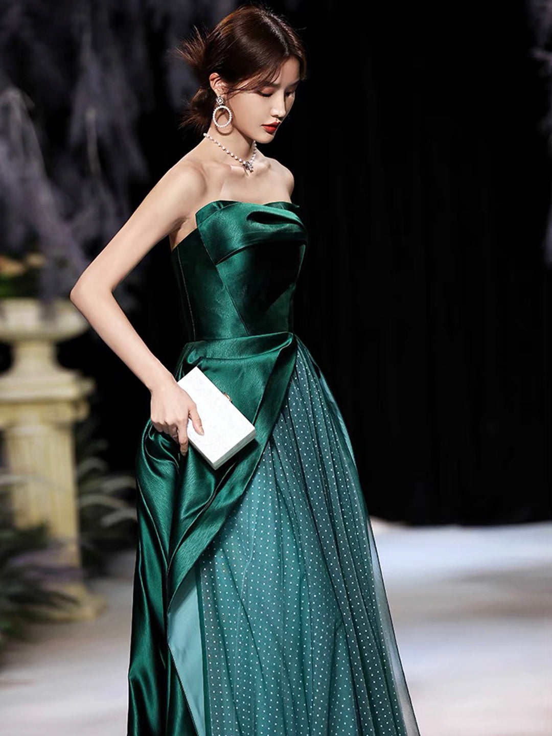 Dark Green Satin Long Prom Dress, Beautiful A-Line Strapless Evening P