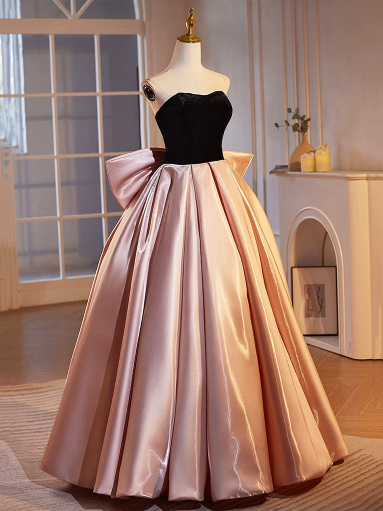 Black Velvet and Pink Satin Floor Length Prom Dress, Beautiful A-Line