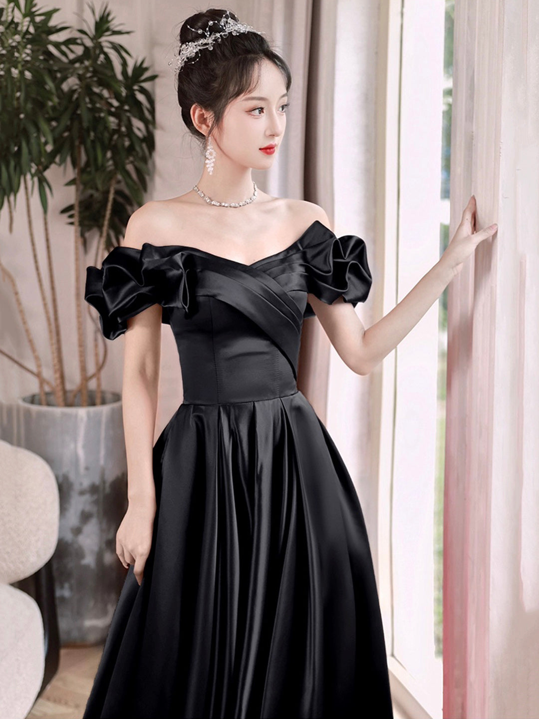 Black Satin Long A-Line Prom Dress, Black Off the Shoulder Formal Even