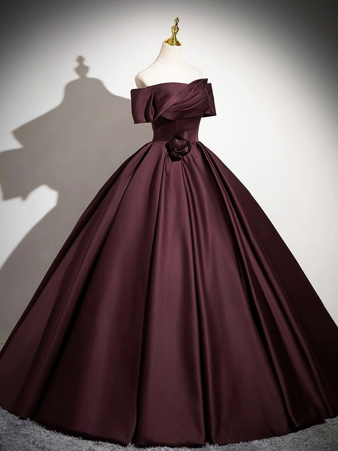 Dark Burgundy Satin Long Prom Dress, Elegant A-Line Off the Shoulder E