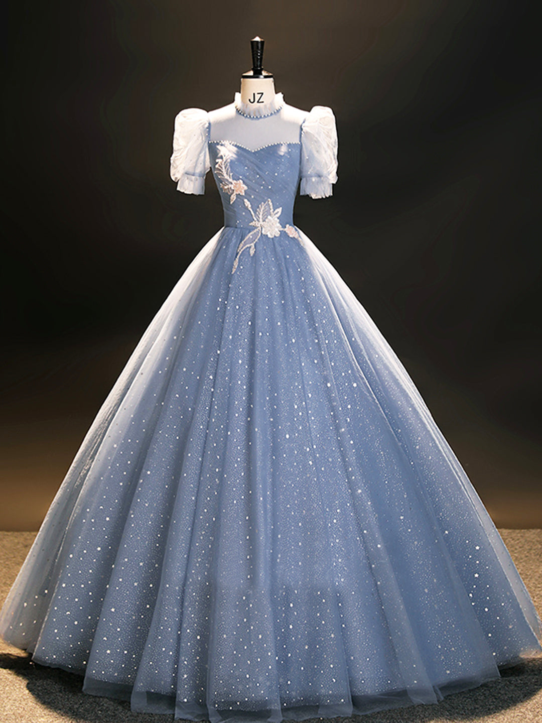 Blue Tulle Long A-Line Prom Dress, Beautiful Short Sleeve Evening Party Dress US 2 / Blue