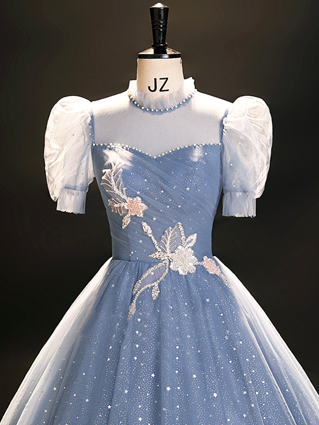 Blue Tulle Long A-Line Prom Dress, Beautiful Short Sleeve Evening Part Loveydress Blue Tulle Long A-Line Prom Dress, Beautiful Short Sleeve Evening Part Loveydress