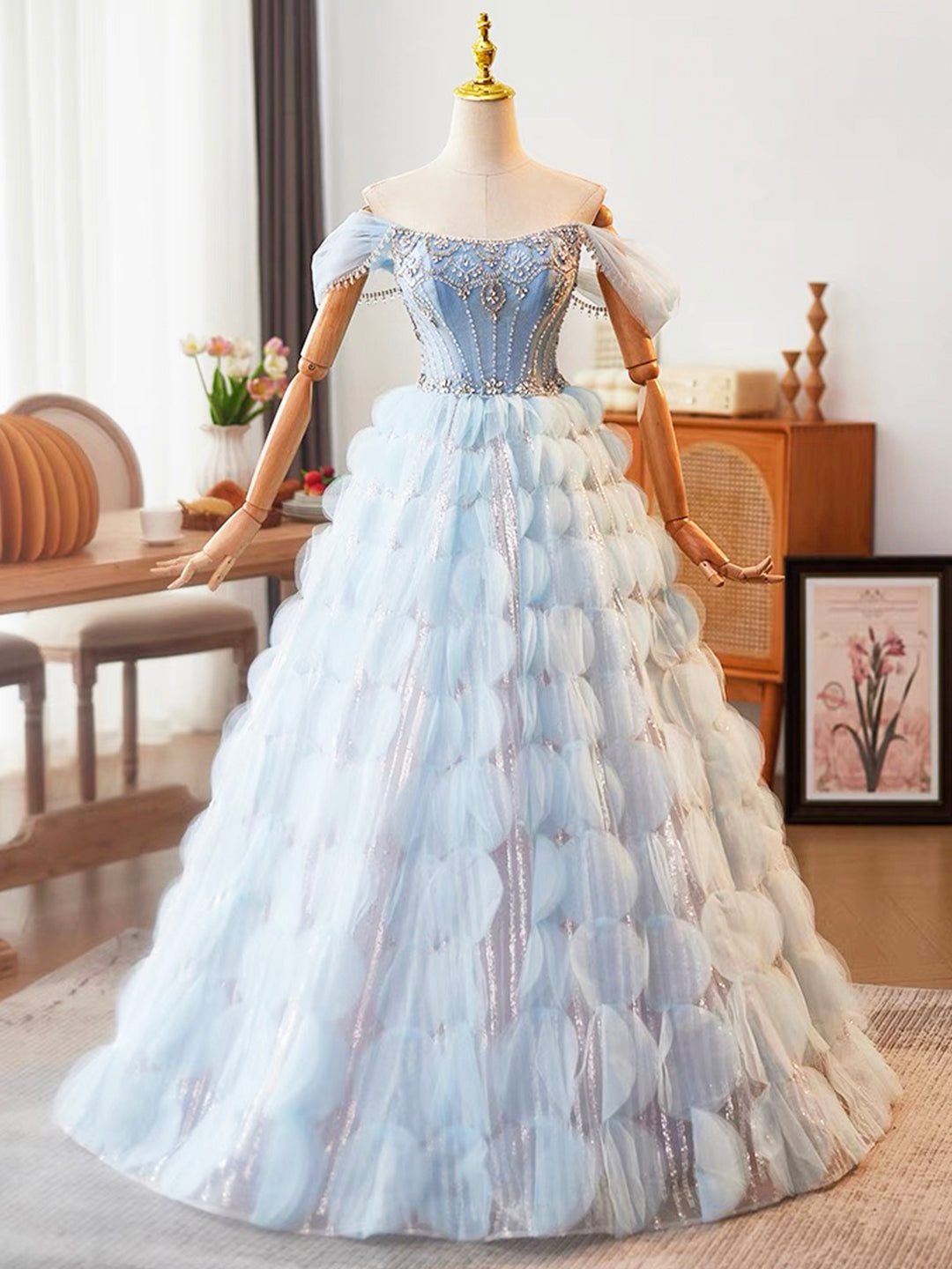 Blue Beading Rhinestone Ruffles Prom Dress, Blue Off the Shoulder Even