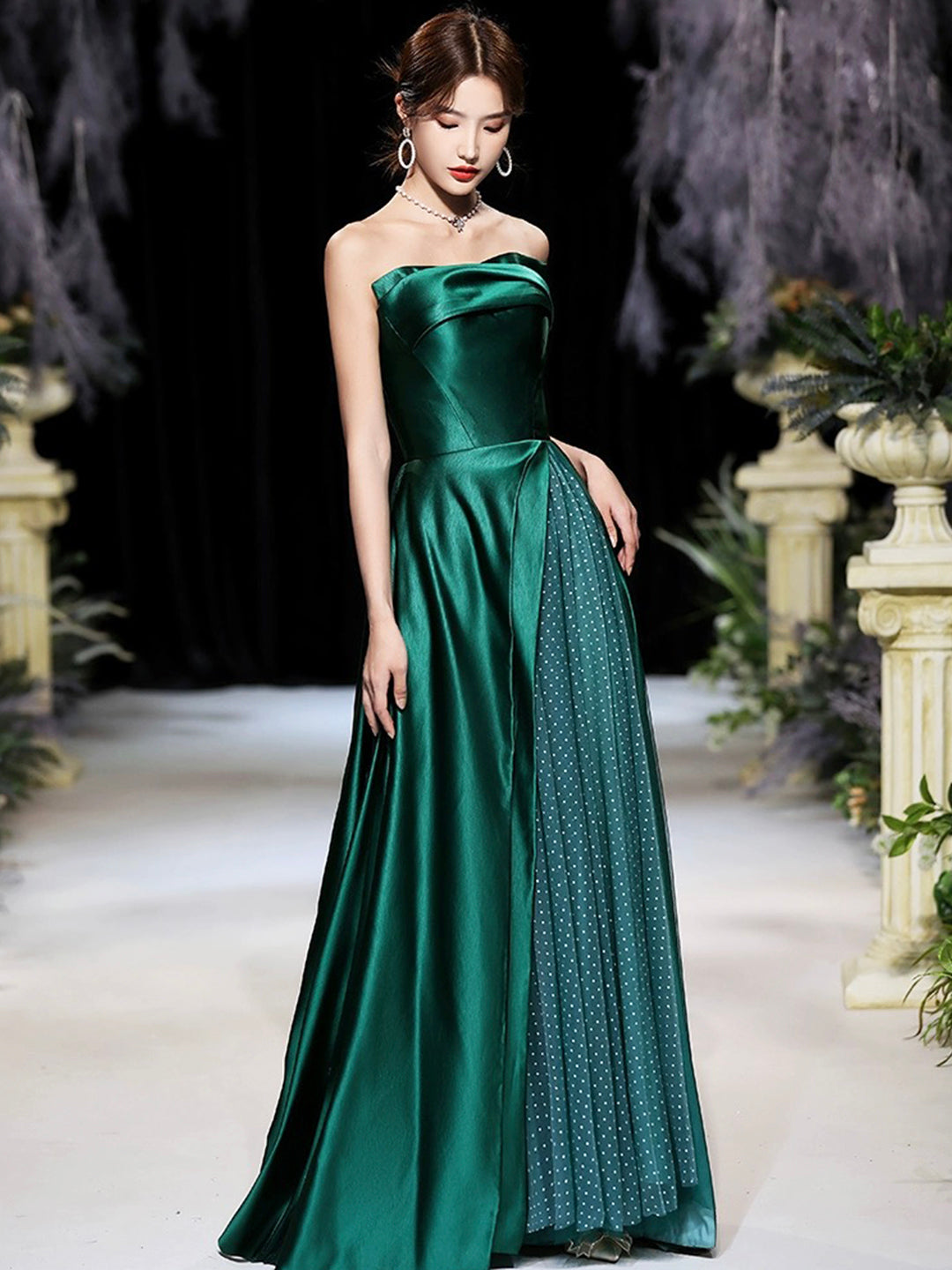 Dark Green Satin Long Prom Dress, Beautiful A-Line Strapless Evening P