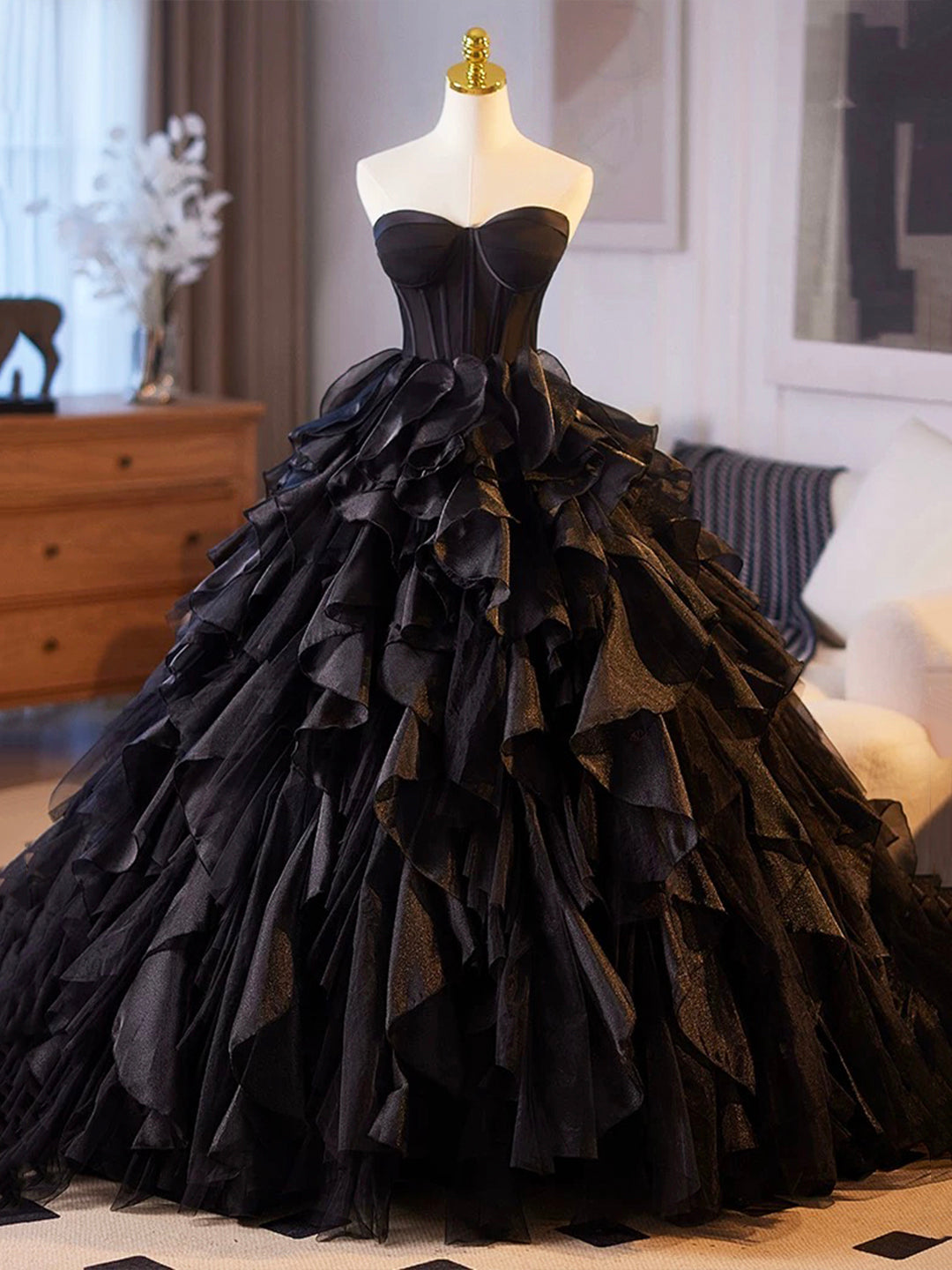 Beautiful Black Cascading Ruffles Prom Dress, Black Strapless Long For