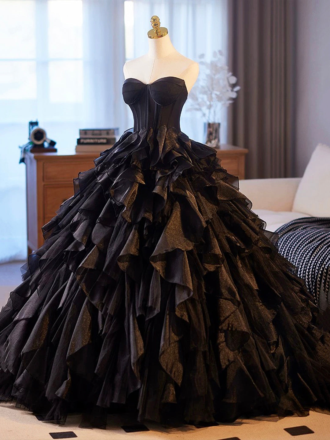 Beautiful Black Cascading Ruffles Prom Dress, Black Strapless Long For