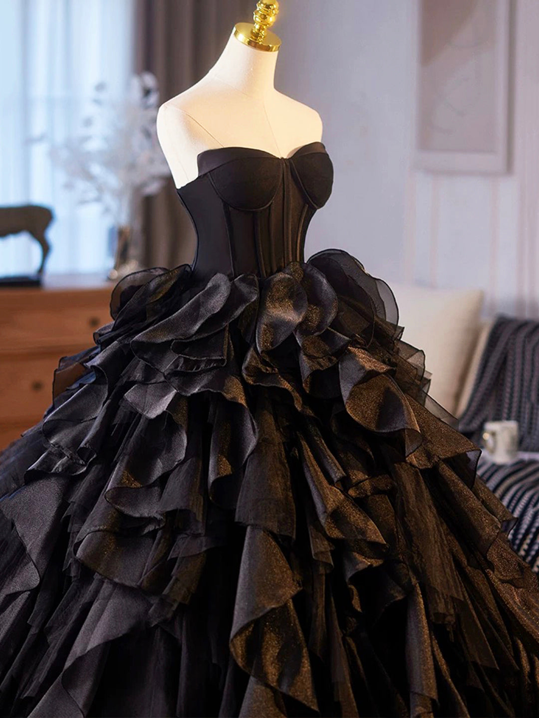 Beautiful Black Cascading Ruffles Prom Dress, Black Strapless Long For