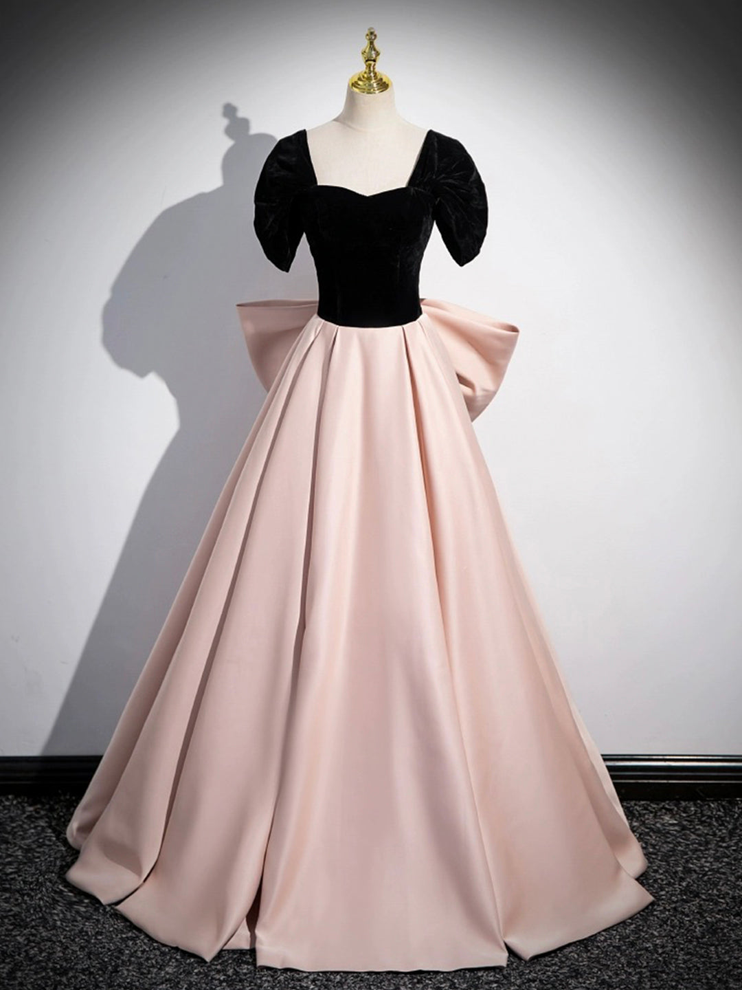 Black Satin and Pink Satin Long Prom Dress, Lovely A-Line Bow Party Ev