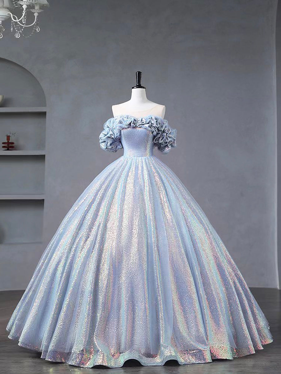 Blue Tulle Sequins Long Formal Dress, Off the Shoulder Princess Dress ...