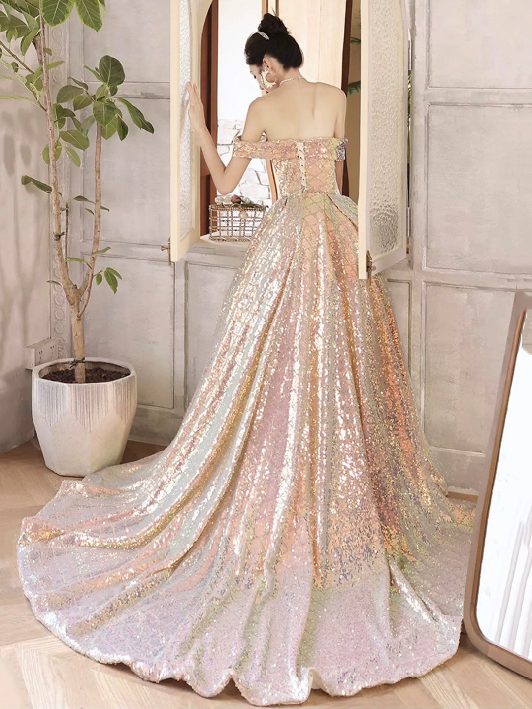 Beautiful Sparkly Sequins Long Prom Dress, Champagne Off Shoulder Even
