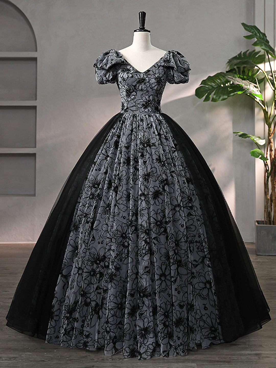 Beautiful Black Rhinestone Flower Prom Dress, Black V-Neck Short Sleev