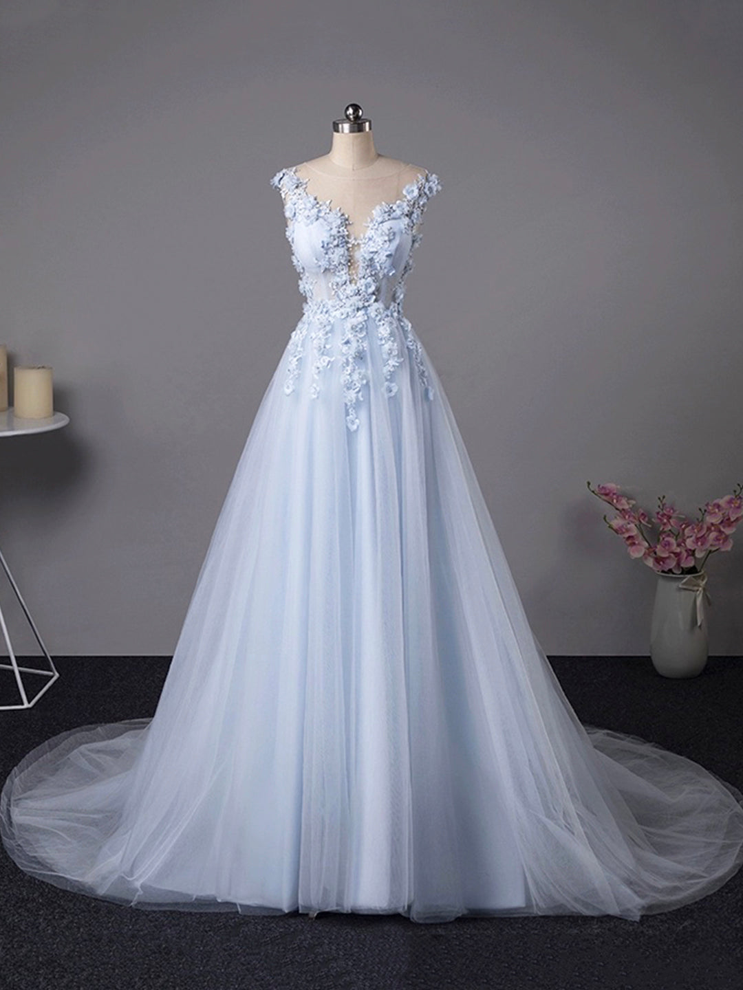 Light Blue Tulle Lace Long Prom Dress, Beautiful A-Line Evening Party
