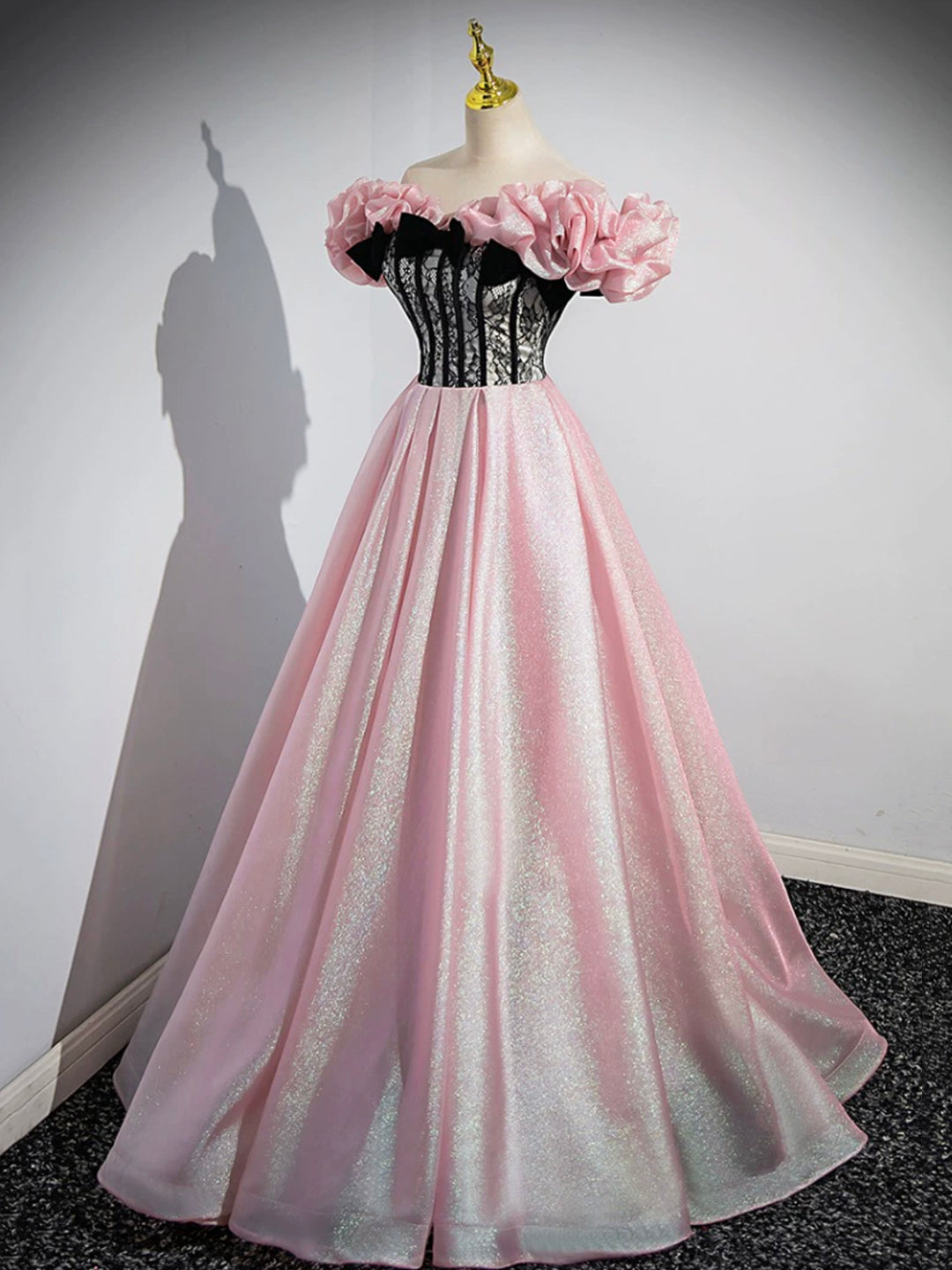 A-Line Shiny Tulle Long Pink Corset Prom Dress, Off the Shoulder Pink