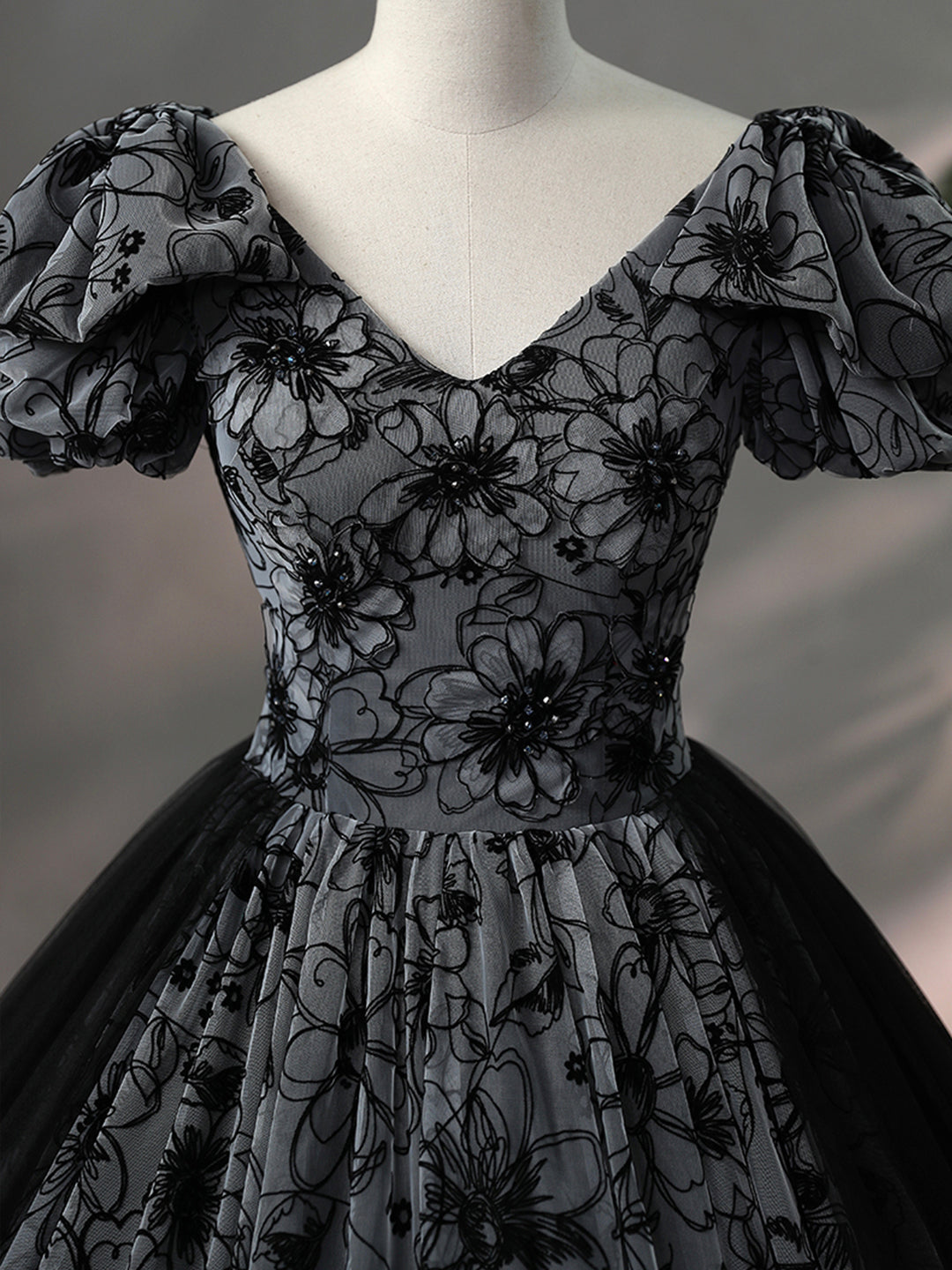 Beautiful Black Rhinestone Flower Prom Dress, Black V-Neck Short Sleev