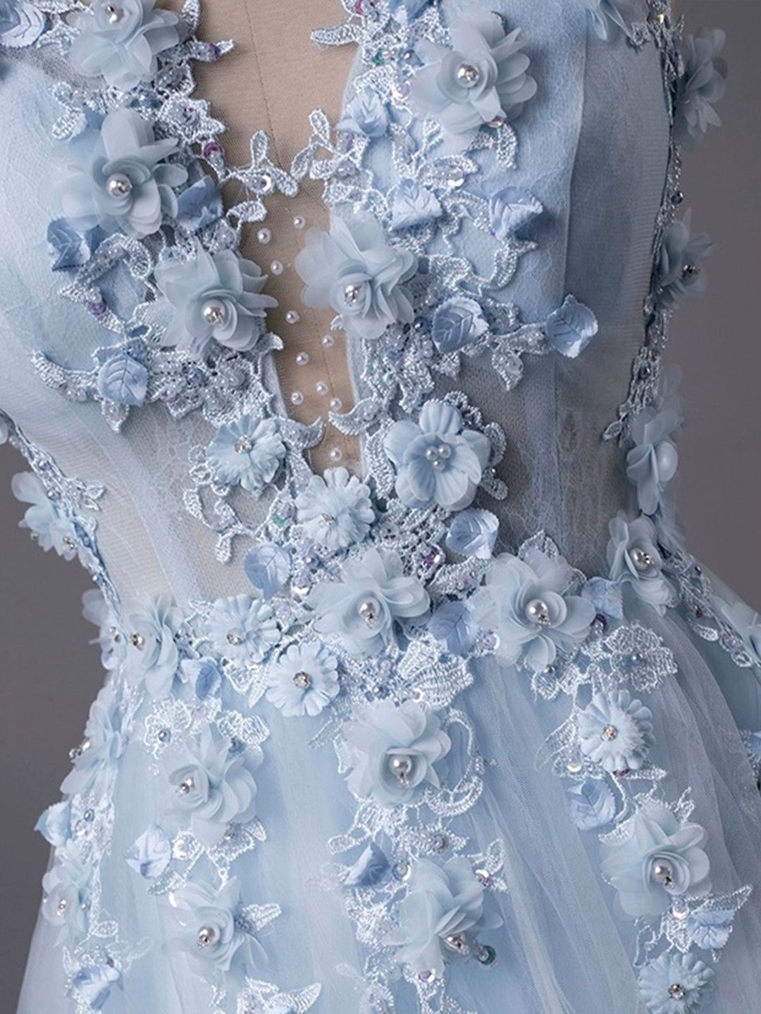 Beautiful Light Dresses Lace Blue Rose Prom Dress A-line V Neck Tulle Sweep Train Prom Beautiful Light Dresses Lace Blue Rose Prom Dress A-line V Neck Tulle Sweep Train Prom