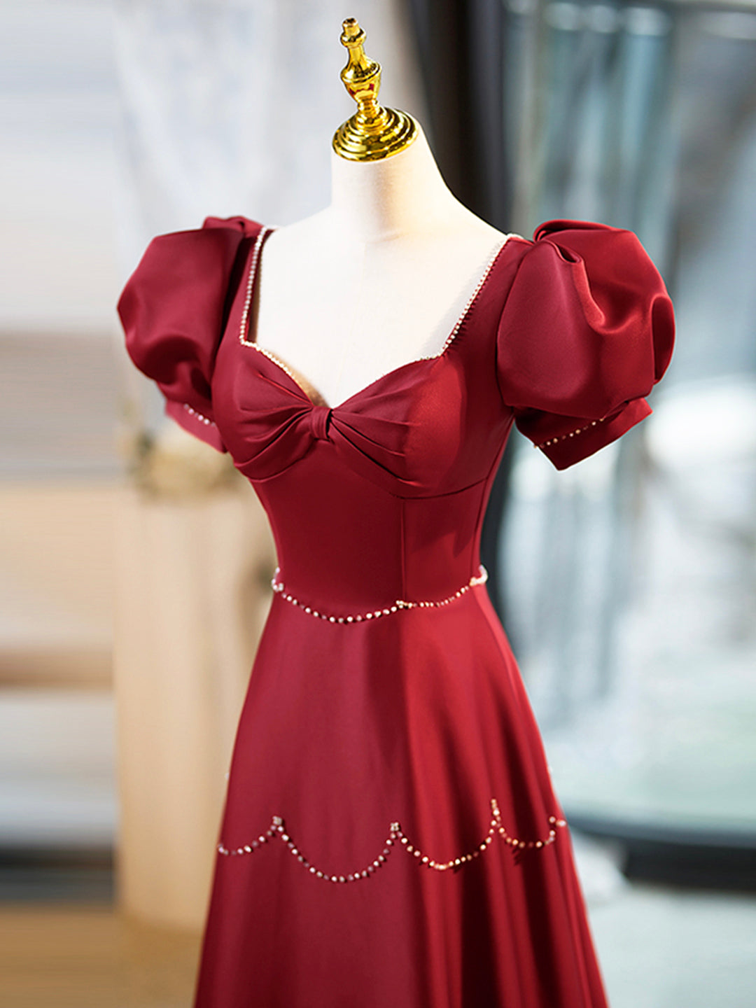 Elegant Burgundy Satin Long Prom Dress with Beaded, Burgundy Short Sle