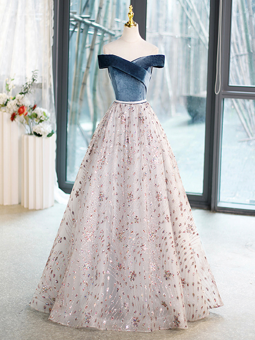 Blue Velvet and Tulle Long Prom Dress, Off Shoulder Evening Dress Party Dress US 2 / Picture Color Blue Velvet and Tulle Long Prom Dress, Off Shoulder Evening Dress Party Dress US 2 / Picture Color