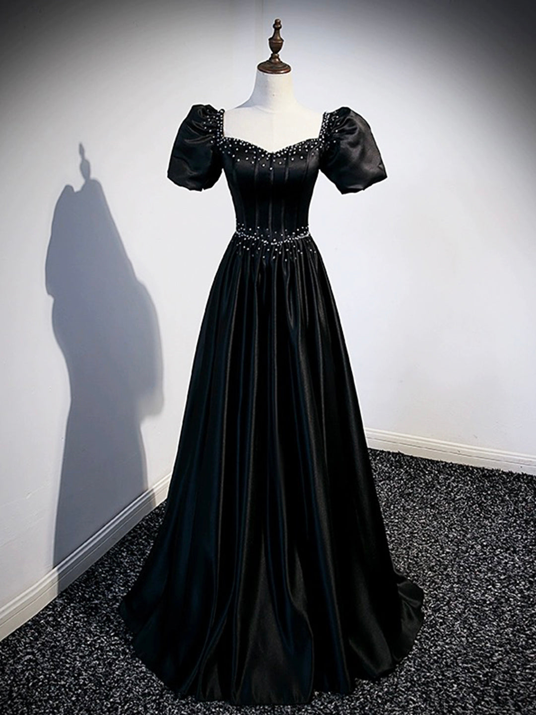 Black Satin Beaded Floor Length Prom Dress, Black A-Line Short Sleeve