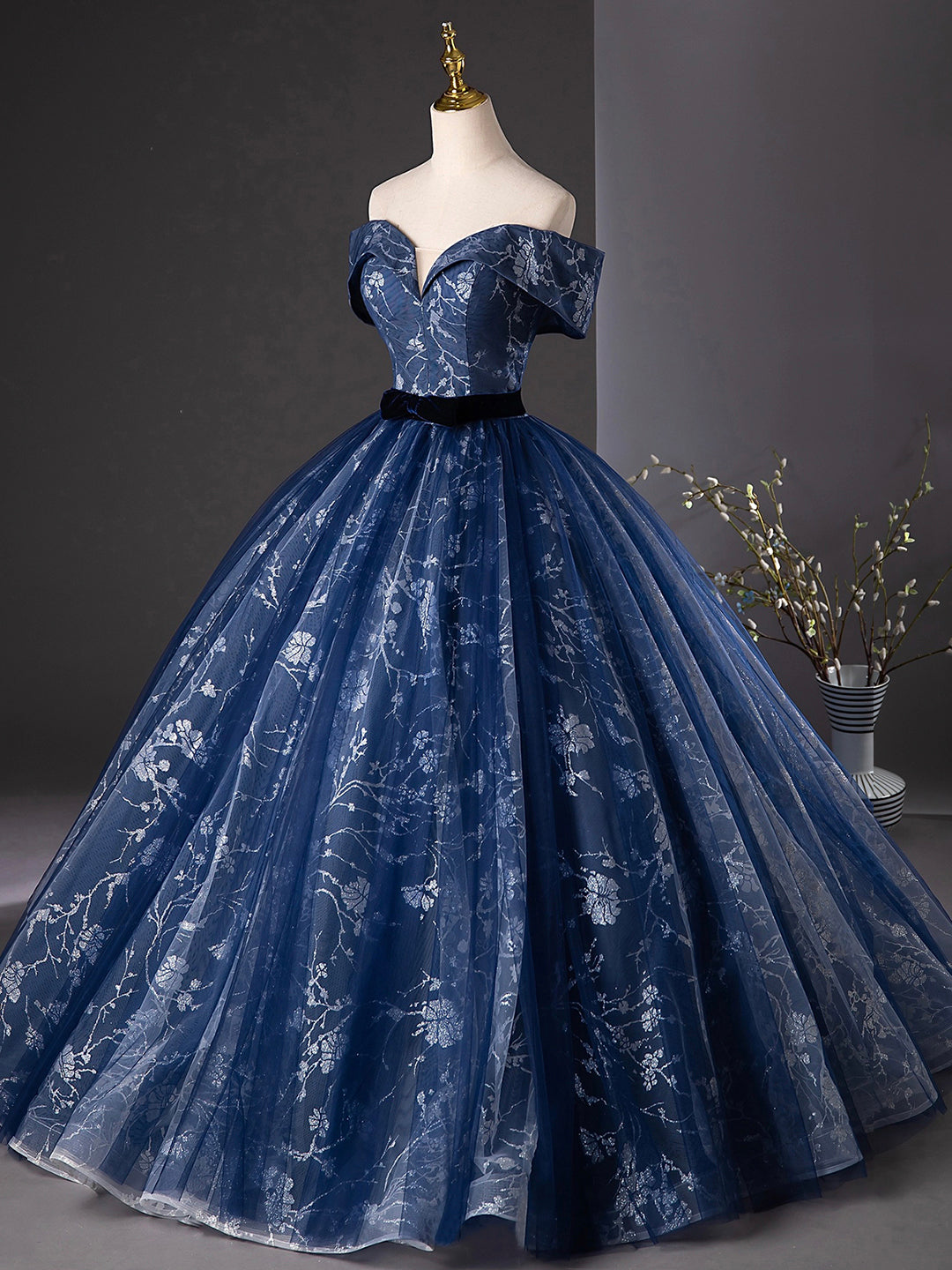 Navy Blue Glitter Printing Prom Dress, A-Line Off the Shoulder Evening – Loveydress