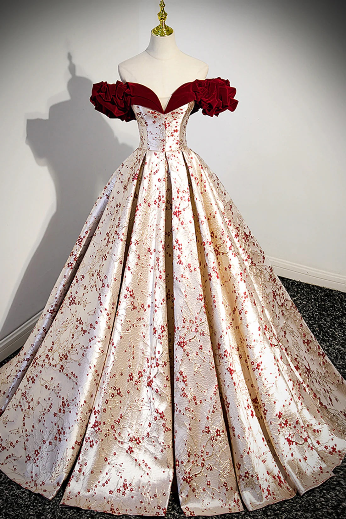 Beautiful Floral Satin Sweetheart Off Shoulder Prom Dress, Burgundy Long Satin Backless Party Dress US 12 / Same As Picture Beautiful Floral Satin Sweetheart Off Shoulder Prom Dress, Burgundy Long Satin Backless Party Dress US 12 / Same As Picture