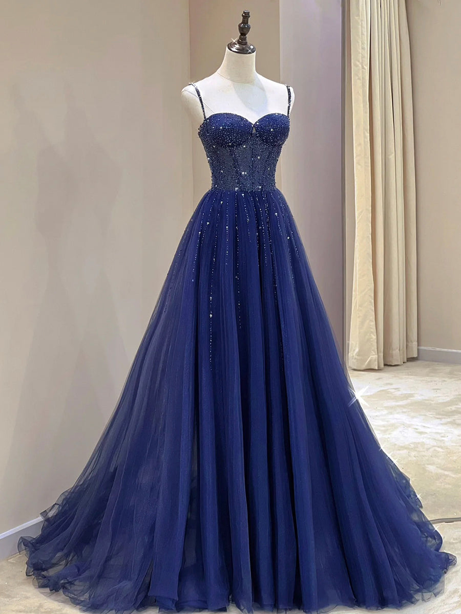 Blue Spaghetti Straps Tulle Beaded Long Formal Dress, Blue A-Line Even