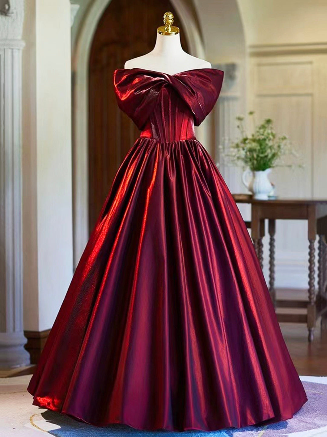 Burgundy Satin Floor Length Prom Dress, Elegant Off the Shoulder Eveni